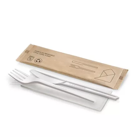 Evőeszközkészlet, 16cm kés, villa és szalvéta, papír tasakban, CPLA, fehér | 250 db/csomag