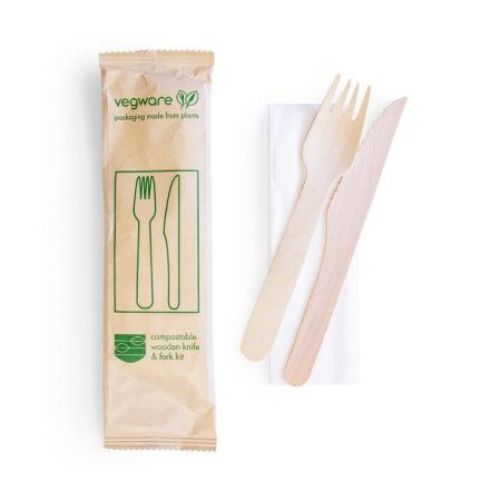 Fa evőeszköz készlet, lebomló (16,5 cm kés, villa és szalvéta újrahasznosított papír tasakban)